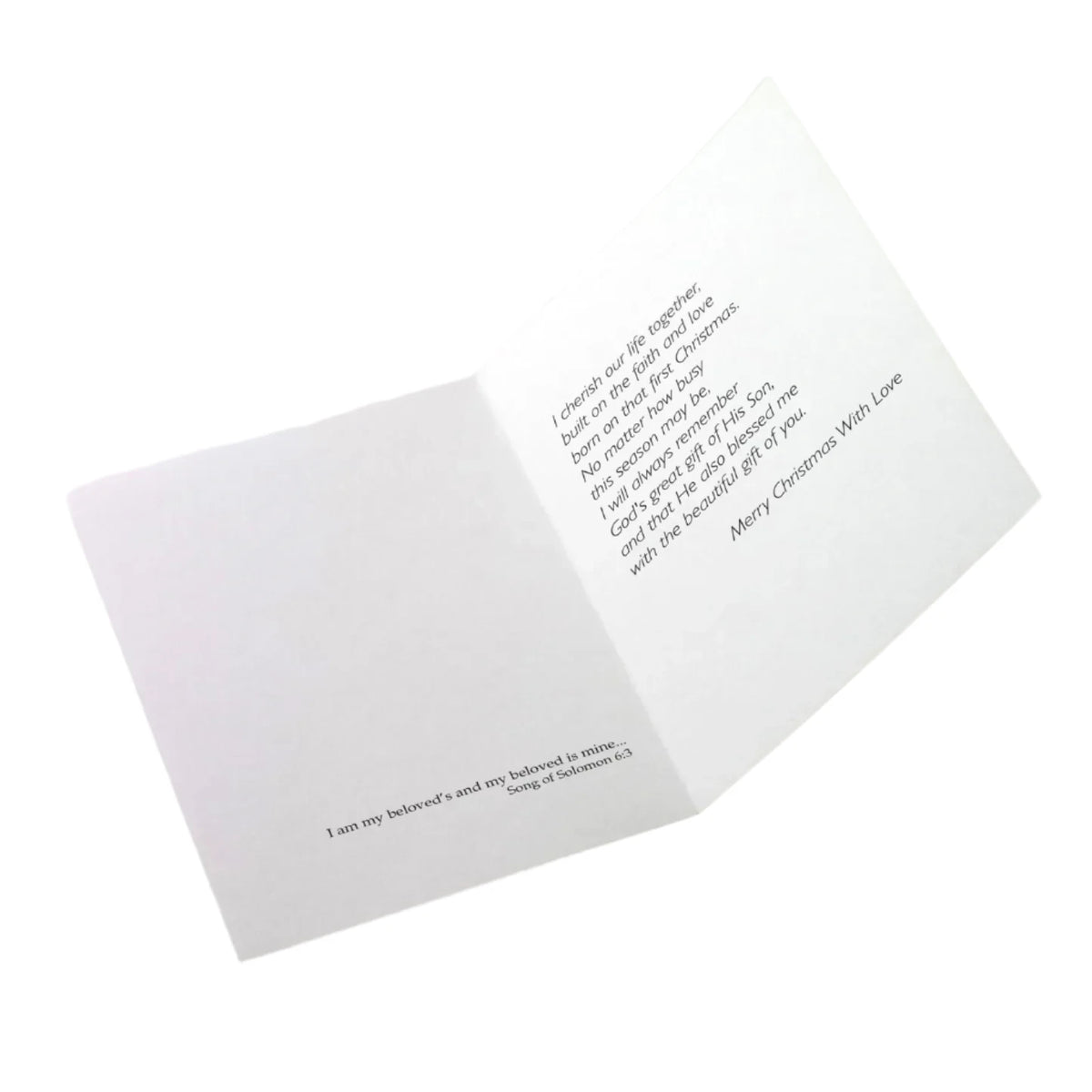 Inside view of "With Love to My Wife" Christmas card featuring heartfelt message about love, faith, and cherishing life together.