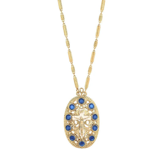 Women's oval cross stone necklace with blue crystals, white enamel cross, and 14k gold-dipped textured chain