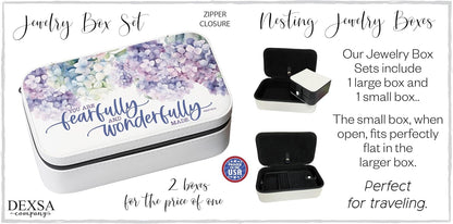 You are Fearfully and Wonderfully Made jewelry box set with lavender floral design, zipper closure, and nesting storage boxes.