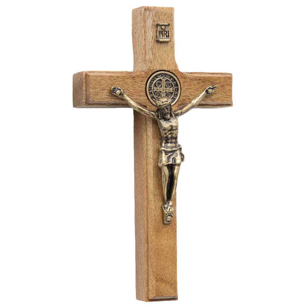 Wood and Antique Gold Saint Benedict Wall Crucifix 4 3/4" - Unique Catholic Gifts