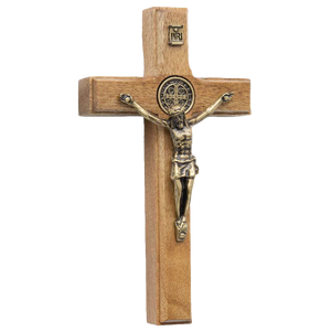 Wood and Antique Gold Saint Benedict Wall Crucifix 4 3/4" - Unique Catholic Gifts