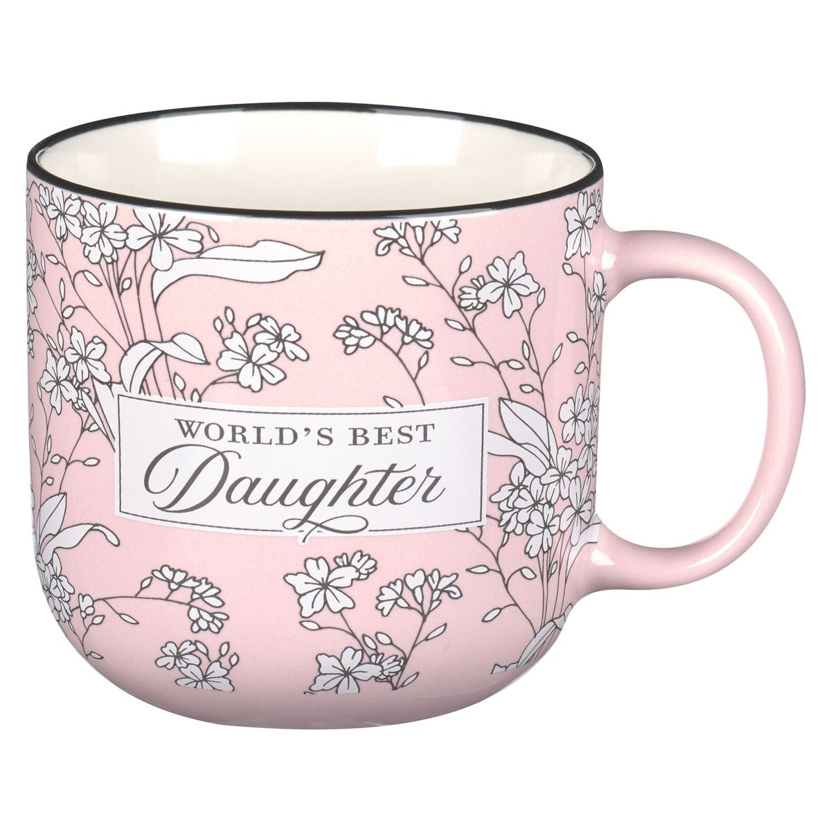 Pink ceramic coffee mug with white floral design and "World's Best Daughter" text, Isaiah 58:11 scripture inside