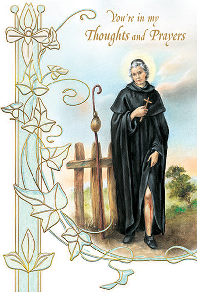4 1/2" x 6 3/4" St. Peregrine greeting card with gold foil, embossed design, and "You’re in my Thoughts and Prayers" message