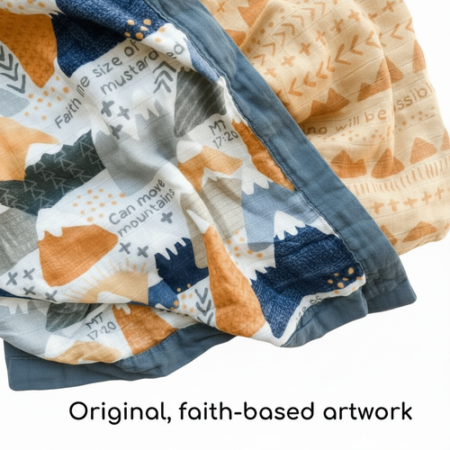 Catholic Luxury Double Sided Muslin Blanket - Faith Moves Mountains