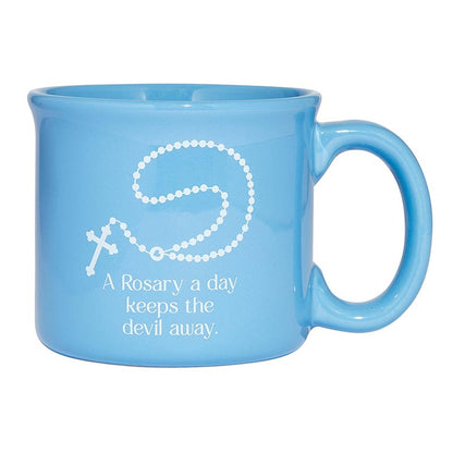 13 oz light blue ceramic mug with white rosary beads and cross, featuring scripture "A Rosary a day keeps the devil away