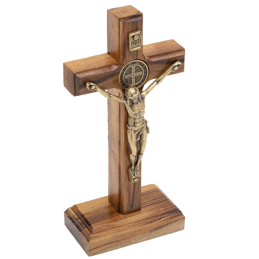 Wood and Antique Gold St. Benedict Standing Crucifix 5 1/2" - Unique Catholic Gifts