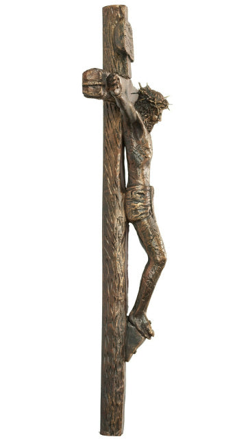 Life Like Bronze Crucifix 15" with 9.5" cross, detailed sculpted corpus featuring scourge marks and wounds.