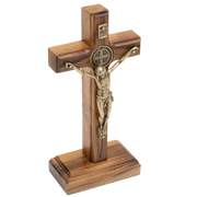 Wood and Antique Gold St. Benedict Standing Crucifix 5 1/2" - Unique Catholic Gifts