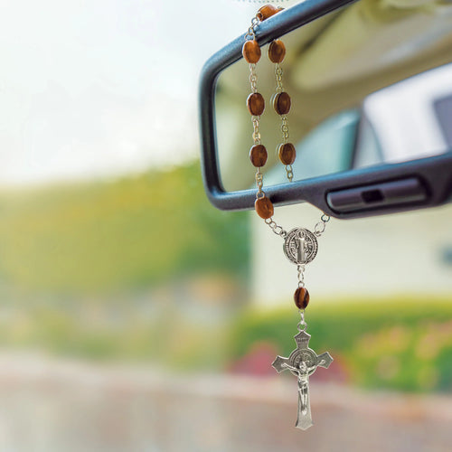 Saint Benedict Holy Land Olive Wood Auto Rosary