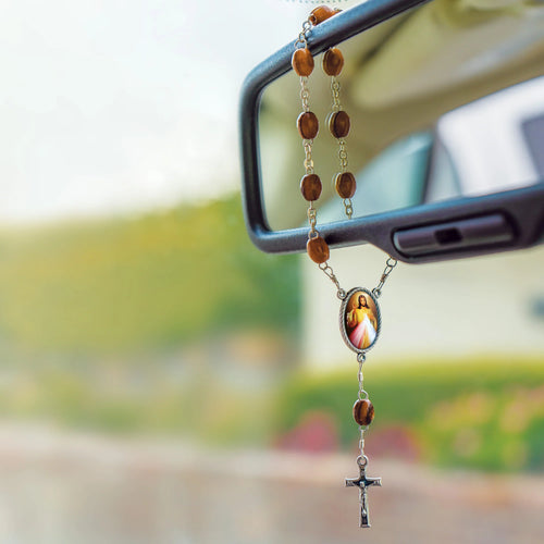 Jesus Divine Mercy Holy Land Olive Wood Auto Rosary