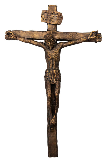 Life Like Bronze Crucifix 15" tall with detailed sculpted corpus featuring scourge marks and wounds on 9 1/2" wide cross
