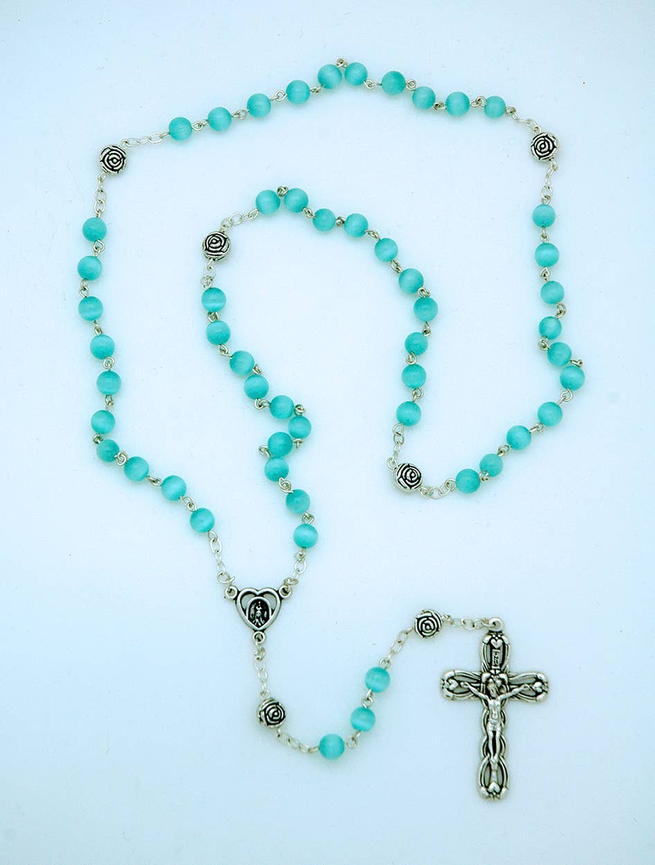 Aqua Cat's Eye Rosary 6mm with black box