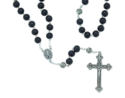 Silver Accented Black Fatima Wood Rosary