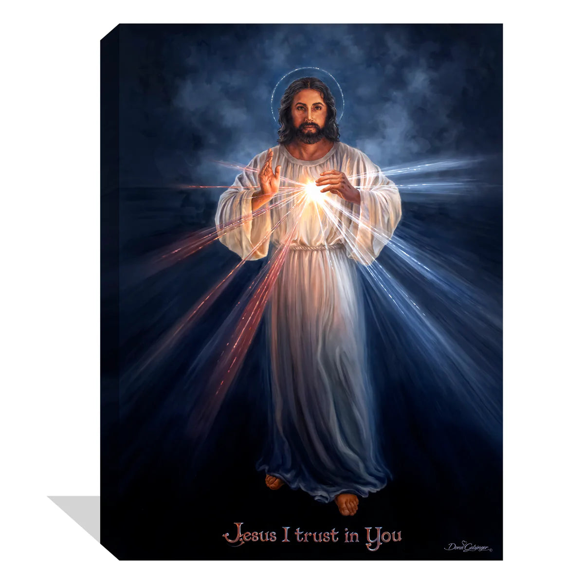 18" x 24" Divine Mercy Canvas Print depicting Jesus in white robes with radiant light beams, hand-crafted in Oregon