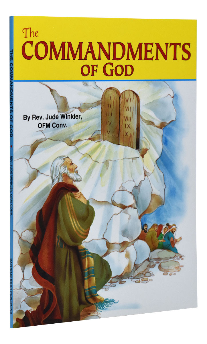 Book cover of The Commandments Of God by Rev Jude Winkler showing Moses with stone tablets and praying people on rocky background