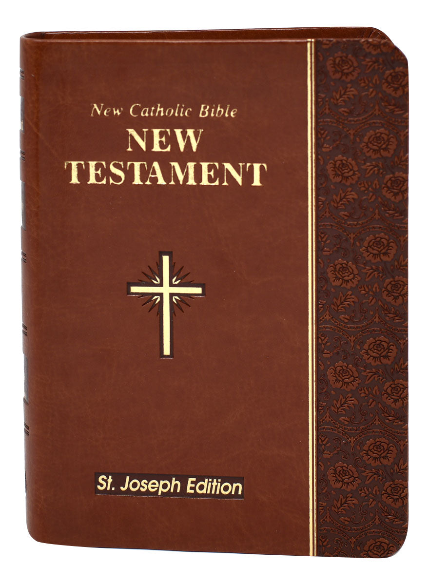 6" St. Joseph Edition New Catholic Bible New Testament vest pocket edition with brown floral embossed cover and gold accents