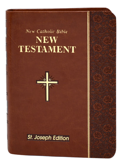 6" St. Joseph Edition New Catholic Bible New Testament vest pocket edition with brown floral embossed cover and gold accents