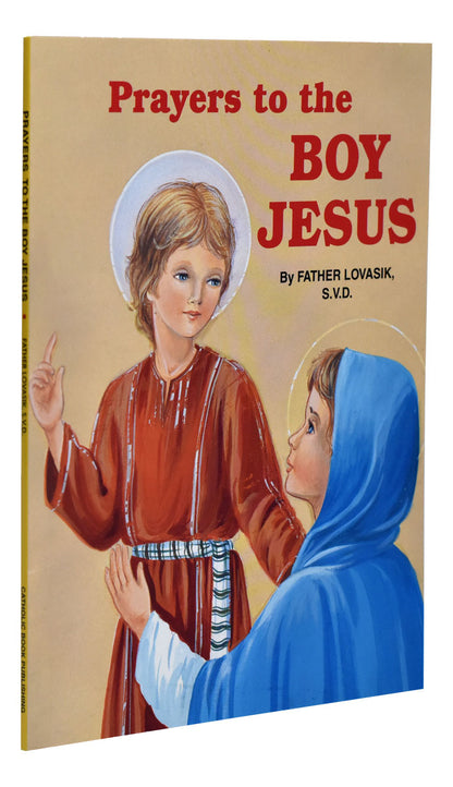 Prayers to the Boy Jesus book cover by Father Lovasik with illustrated youthful Jesus and child in blue cloak