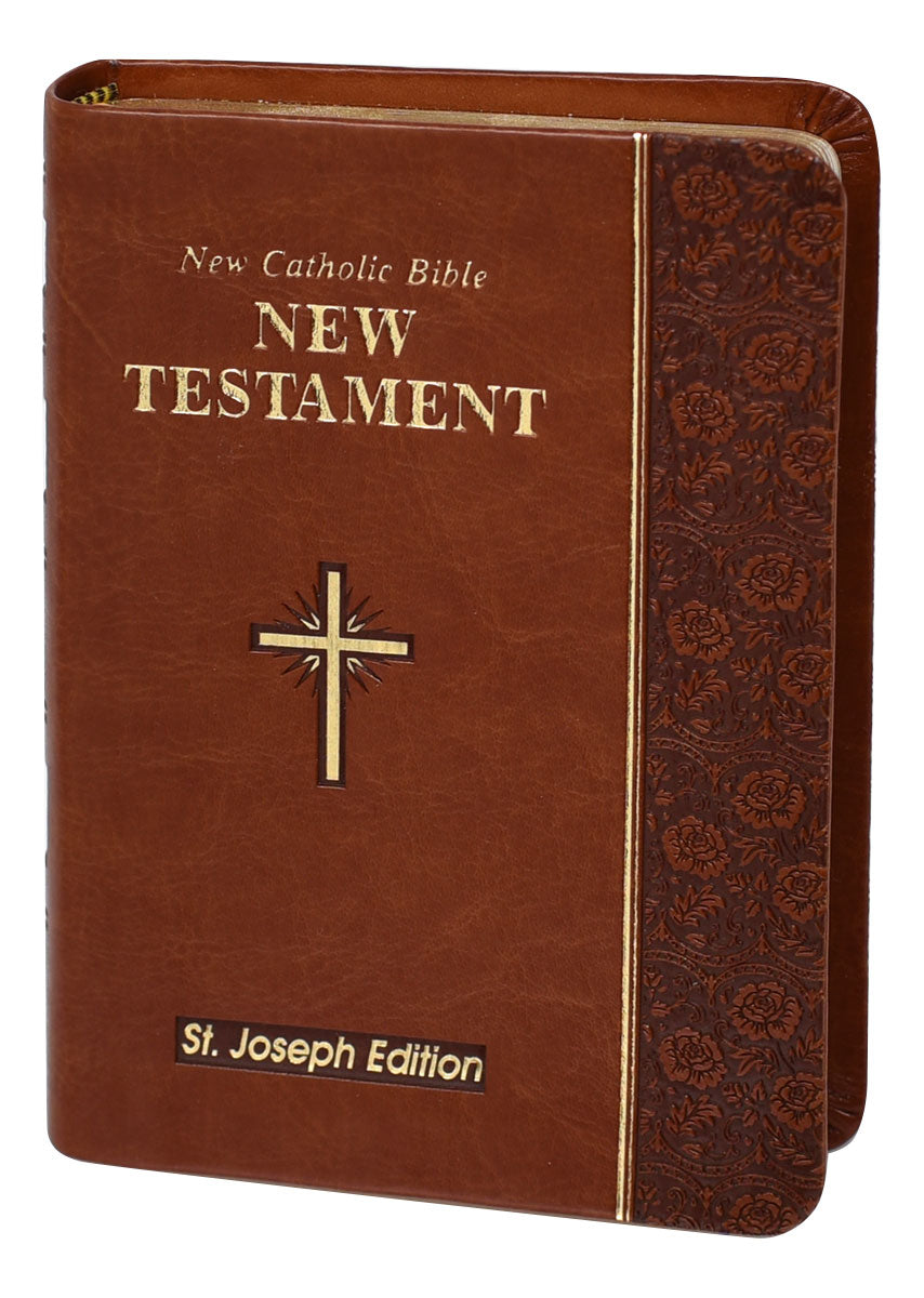 6" St. Joseph Edition New Catholic Bible New Testament Vest Pocket with brown leather cover and embossed floral trim