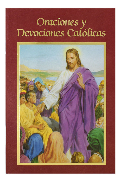 Catholic prayers and devotions book cover with Jesus teaching a crowd, purple robe, and peaceful outdoor scene