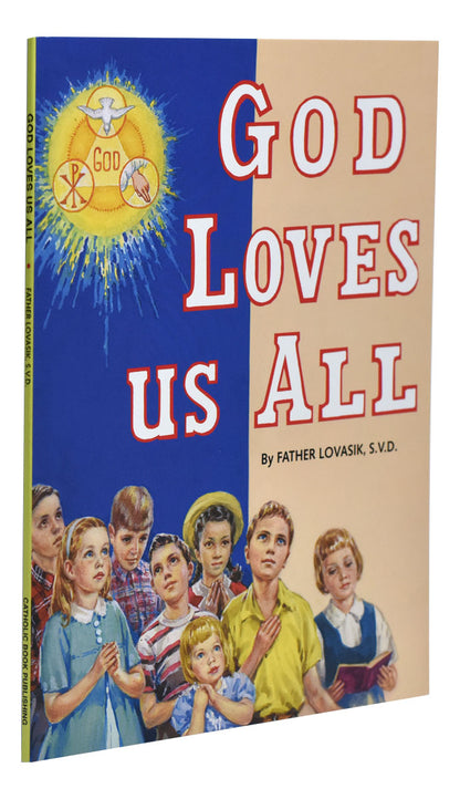 Book cover of "God Loves Us All" by Father Lovasik showing praying children and religious symbols on blue and beige background