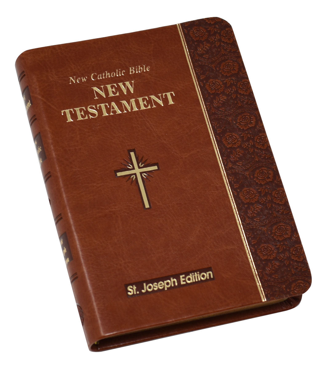 6" St. Joseph Edition New Catholic Bible New Testament Vest Pocket with faux leather cover and decorative embossed floral trim