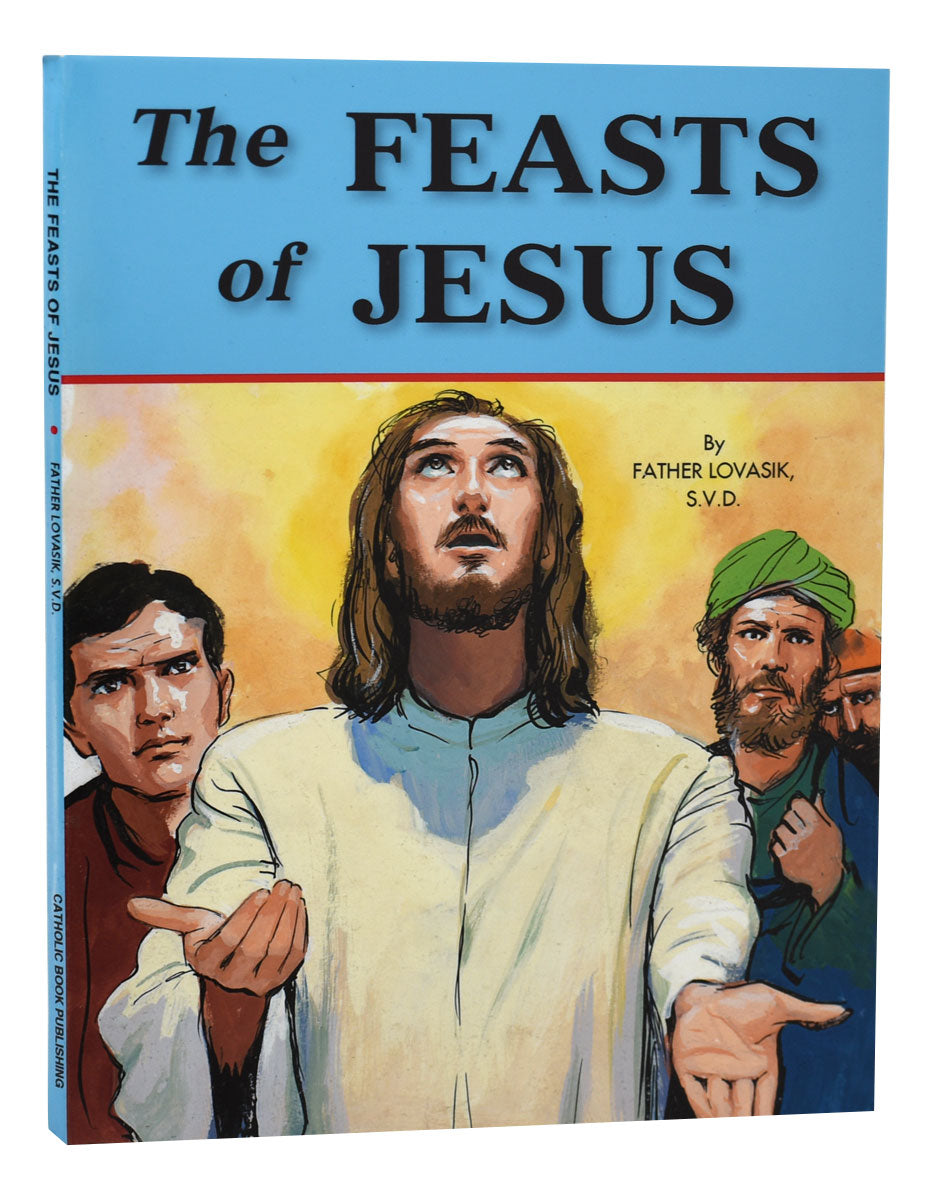 Front cover of The Feasts of Jesus book showing illustrated Jesus and two men on blue and yellow background