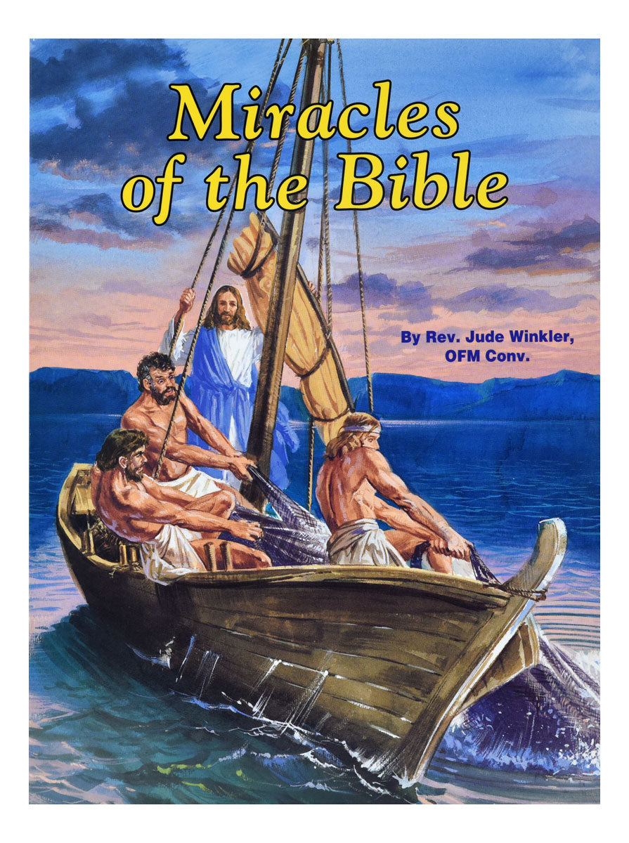 Full-color illustrated cover of Miracles of the Bible book by Rev Jude Winkler showing Jesus with fishermen on a boat