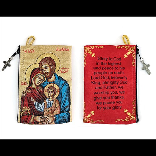 4" x 6" Holy Family woven tapestry rosary pouch with zippered closure, prayer text, and attached metal cross charm