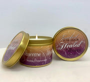 Frankincense and Myrrh Candle in Scripture Tin " Healed by His Wounds"- Gold - Unique Catholic Gifts
