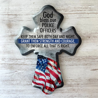6" x 8" wood wall cross with patriotic American flag and prayer honoring police officers' strength and courage