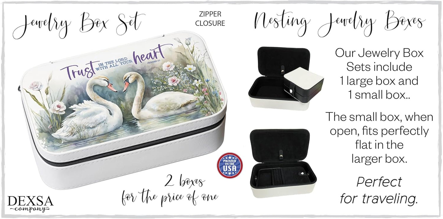 Trust In The Lord Jewelry Box set with swan artwork, zipper closure, nesting design, and velvet-lined interior for travel storage.
