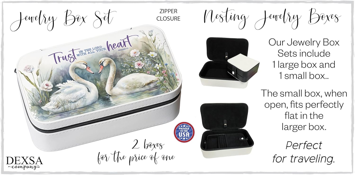 Trust In The Lord Jewelry Box set with swan artwork, zipper closure, nesting design, and velvet-lined interior for travel storage.