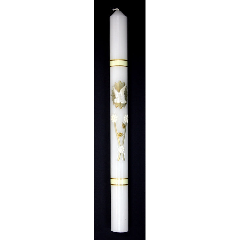 White baptism candle 10 inches tall with gold Holy Spirit dove and floral accents, elegant sacramental design