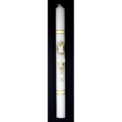 White baptism candle 10 inches tall with gold Holy Spirit dove and floral accents, elegant sacramental design