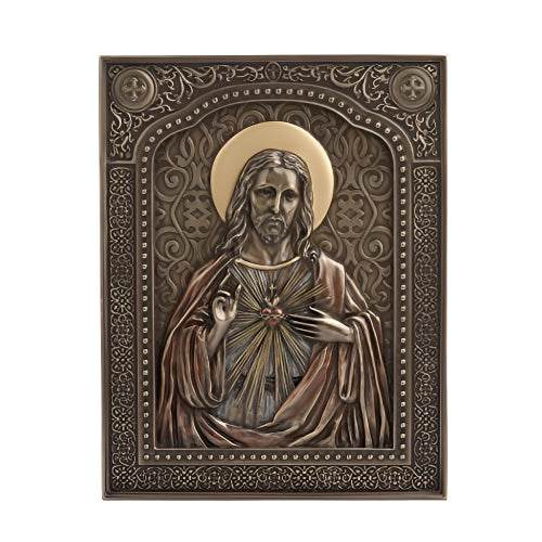 7 1/2" Sacred Heart of Jesus resin wall plaque with bronze finish and detailed ornamental border design