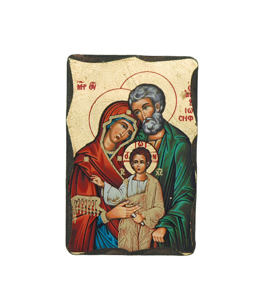 2 1/2" Greek hand-painted Holy Family table icon of Jesus, Mary, and Joseph with gold background and traditional robes