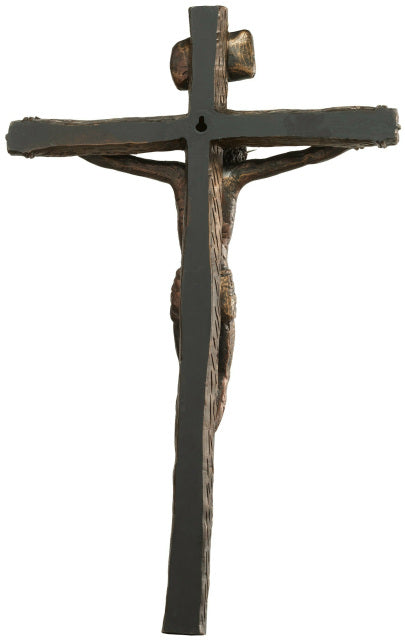 Life Like Bronze Crucifix 20" tall with detailed sculpted wounds and scourge marks on crucified corpus, 13" wide cross