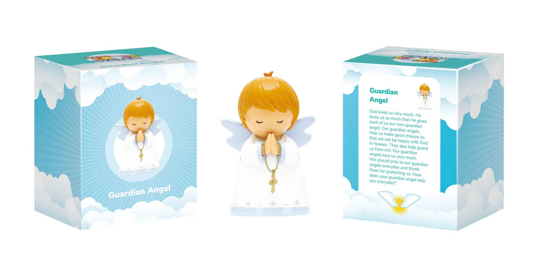 Collector's edition 3.5" Guardian Angel figurine for boys with closed eyes, white wings, and prayer beads in cloud-themed box