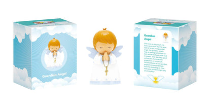 Collector's edition 3.5" Guardian Angel figurine for boys with closed eyes, white wings, and prayer beads in cloud-themed box