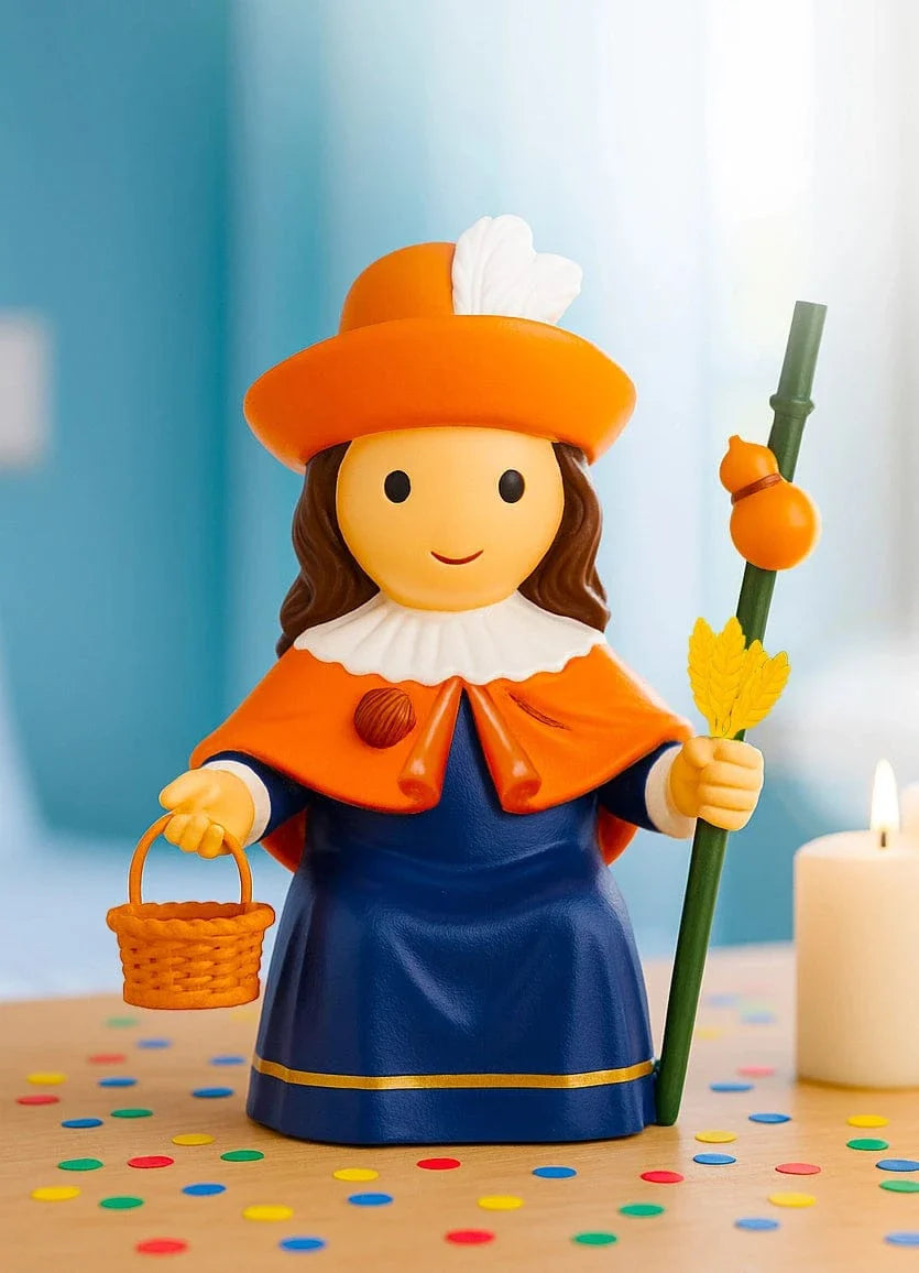 3.5" Niño de Atocha collector's edition figurine with orange hat, blue robe, staff, and basket on colorful confetti background