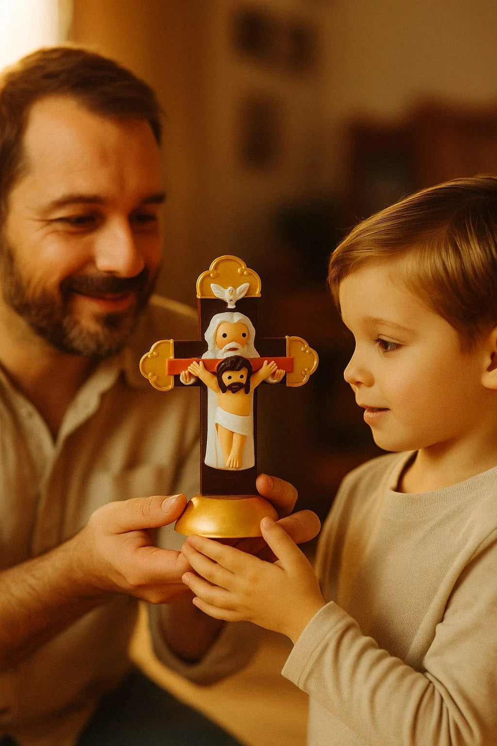 Holy Trinity Cross figurine with Father, Son, and Holy Spirit held by smiling man and child in warm room setting