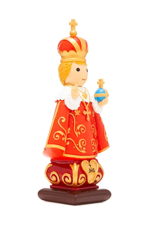 3.5" Infant of Prague figurine with red and gold robe, crown, holding blue orb and standing on decorative base