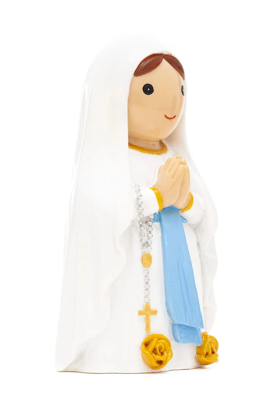 3.5" Our Lady of Lourdes Collector's Edition figurine with white veil, blue sash, and gold rosary beads and roses.
