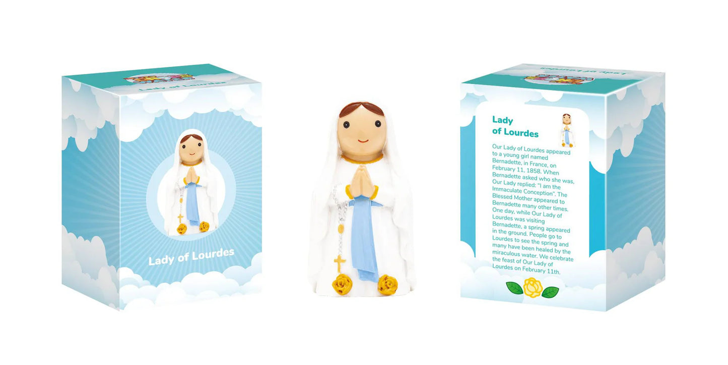3.5" Our Lady of Lourdes collector's edition figurine with white and blue robes, displayed with decorative box packaging