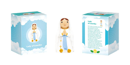3.5" Our Lady of Lourdes collector's edition figurine with white and blue robes, displayed with decorative box packaging
