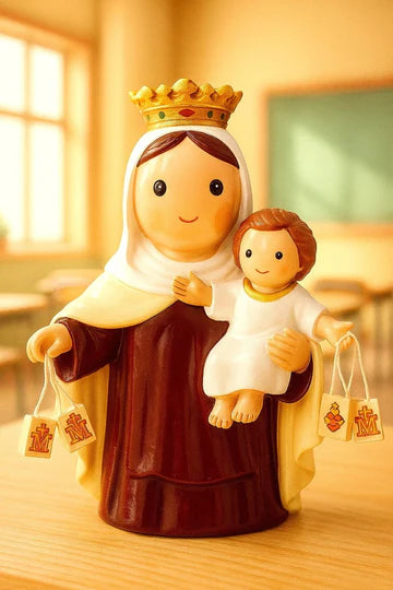 3.7" Our Lady of Mount Carmel figurine holding baby Jesus with brown robe, white veil, and golden crown indoors
