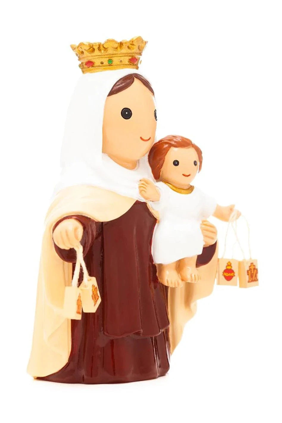 3.7" Our Lady of Mount Carmel figurine holding baby Jesus with brown robe, white mantle, and gold crown
