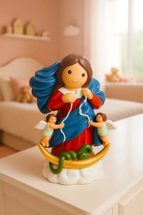 3.5" colorful Our Lady Undoer of Knots figurine with angels and green serpent on white cloud base