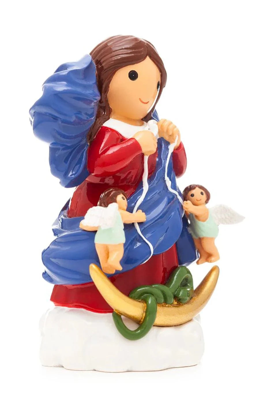 3.5" Our Lady Undoer of Knots figurine in red and blue with two small angels and golden crescent base on white cloud